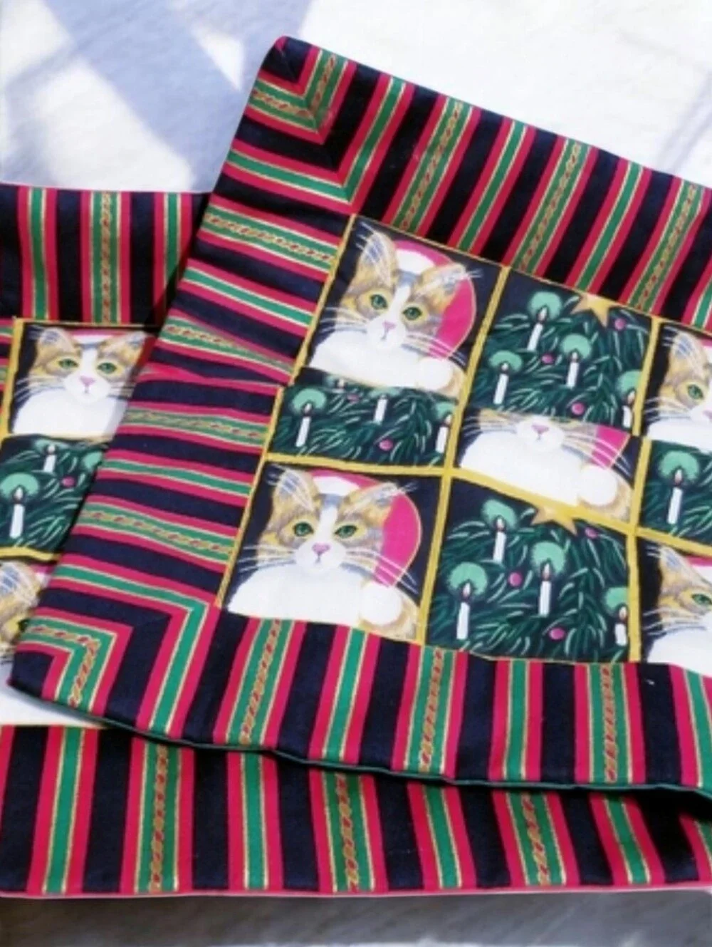 Vintage Cat Patchwork Throw Pillow Cover Set OS Christmas Holiday Red Green Gold